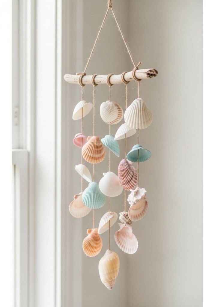 Cute seashell wind chime craft kids beach shells strung different lengths twine driftwood stick top some shells painted soft pastels others natural delicate coastal charming beautiful