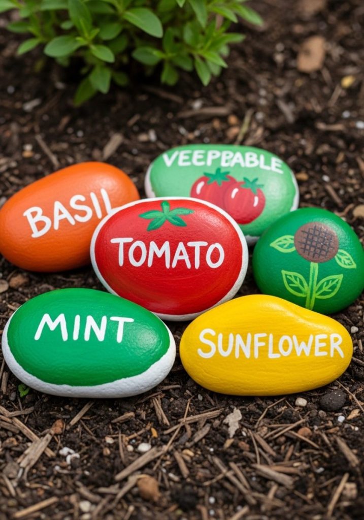 Outdoor painted rock garden marker craft kids smooth flat rocks painted bright colours vegetable herb names white paint basil tomato mint sunflower cheerful practical charming garden herb bed