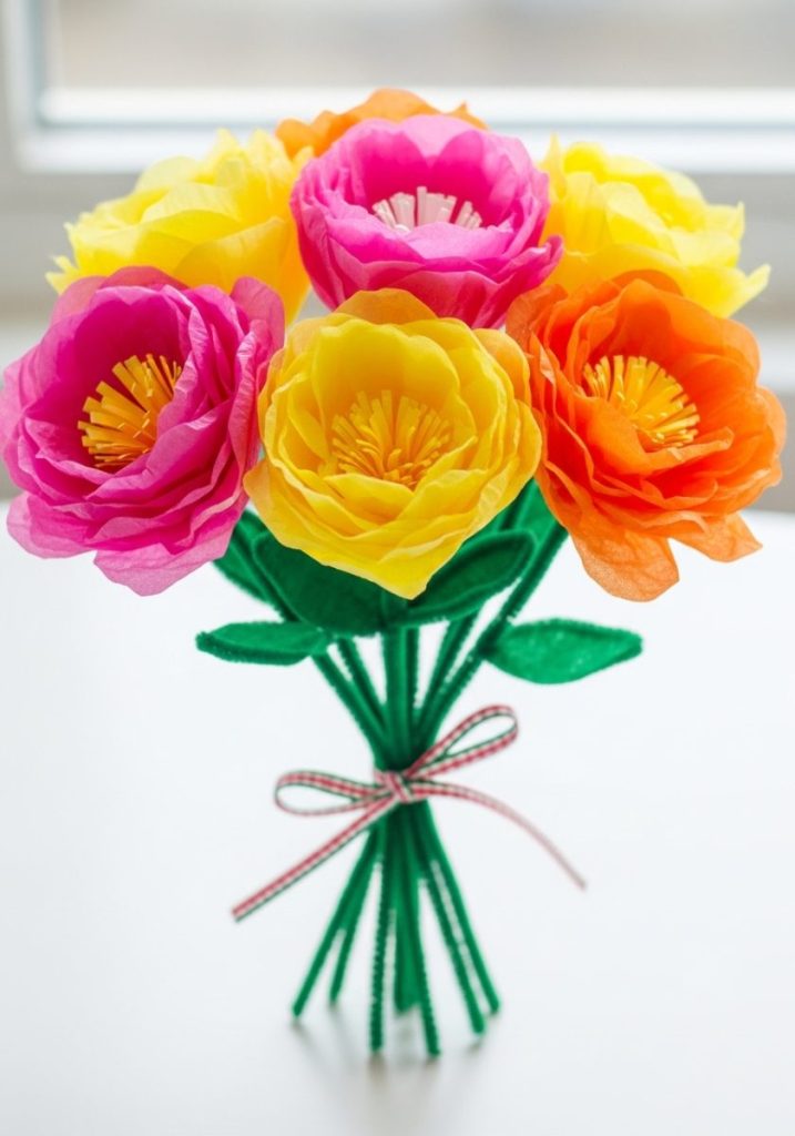 Easy paper flower bouquet mothers day craft kids bright tissue paper flowers pink yellow orange green pipe cleaner stems ribbon cheerful colourful completely handmade