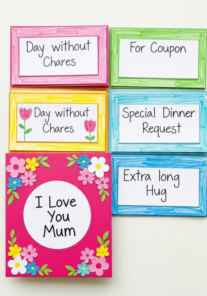 Fun coupon book mothers day craft kids bright colourful pages different fun coupon day without chores special dinner request extra long hug bright pink cover flowers I Love You Mum child's handwriting cheerful personal hilarious sweet gift