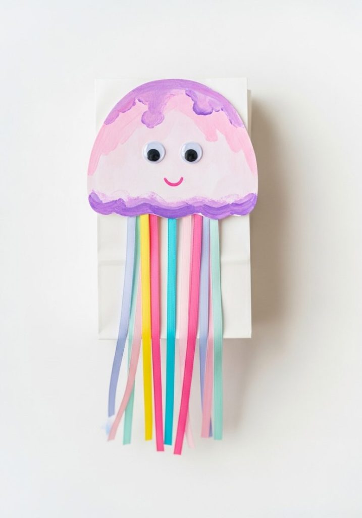 Paper bag jellyfish craft kids white paper lunch bag stuffed sealed pink purple googly eyes colourful ribbon streamers tentacles adorable whimsical charming