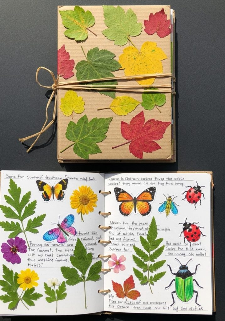 DIY nature journal craft kids simple handmade book leaf-printed cardboard cover pages pressed flowers leaves drawings insects observations personal creative genuinely treasured summer keepsake