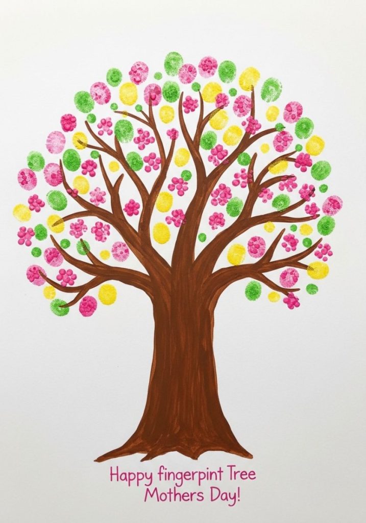Toddler fingerprint tree mothers day craft brown painted tree trunk branches white paper tiny colourful fingerprint dots leaves blossoms pink yellow green sweet message charming vibrant precious