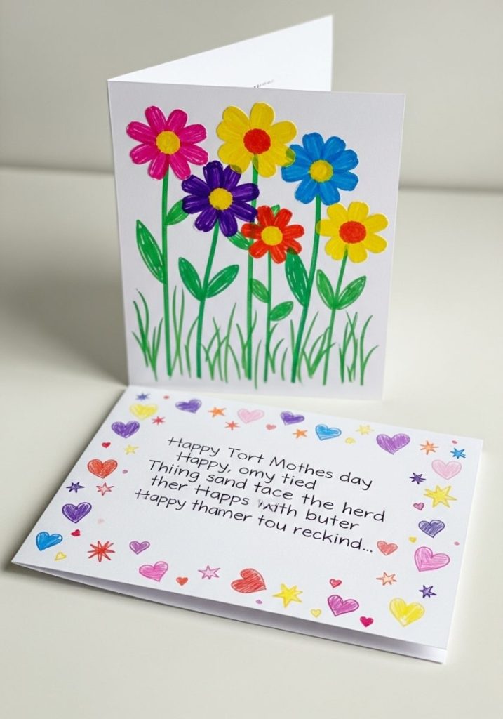 Handmade mothers day card kids child hand-drawn flowers bright colours handwritten message inside drawings hearts stars folded white surface personal heartfelt completely precious