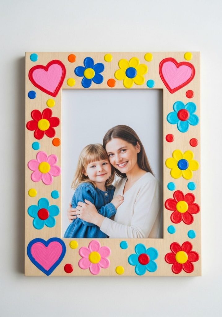 Photo frame mothers day craft kids plain wooden frame decorated bright paint dots hearts flowers photo child mum together inside cheerful handmade personal genuinely treasured gift