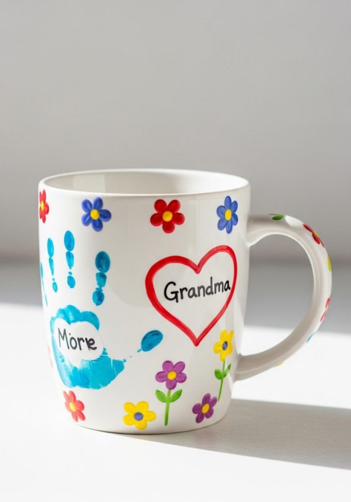 Painted mug mothers day craft kids grandma plain white ceramic mug colourful ceramic paint dots flowers painted heart child handprint name written cheerful handmade personal genuinely useful daily gift