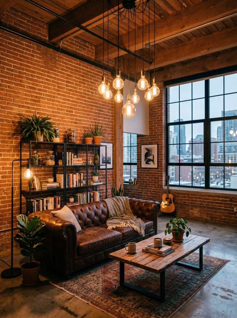 Beautifully styled industrial loft apartment exposed brick wall concrete floors black metal shelving statement Edison bulb pendant light leather sofa deep brown raw wood coffee table urban sophisticated edgy characterful