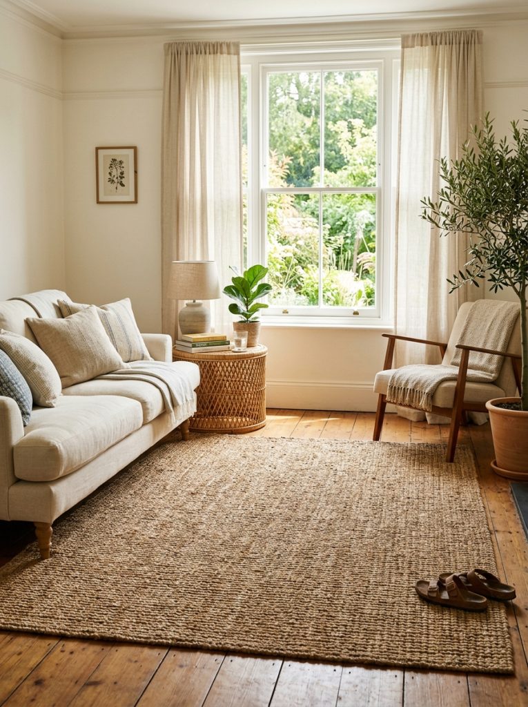 Large natural jute rug anchoring bright summer living room warm wood floors cream sofa linen cushions rattan side table earthy barefoot summer feeling