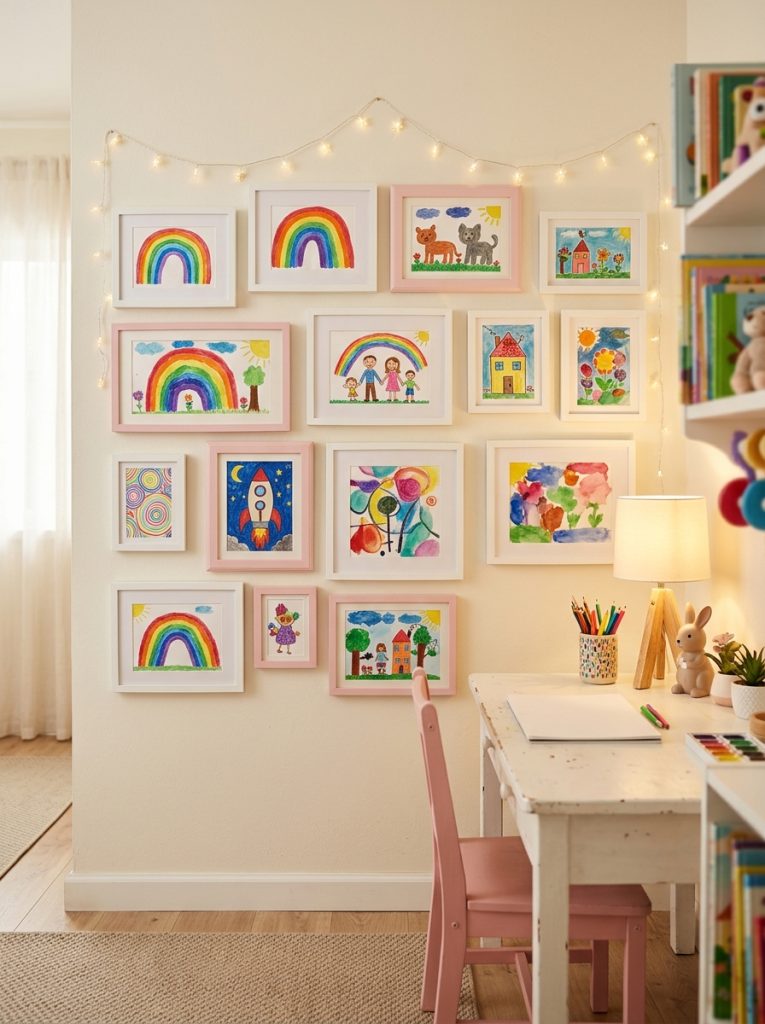 White and pastel pink framed kids artwork displayed neatly on bedroom wall beside an organized white kids desk nook