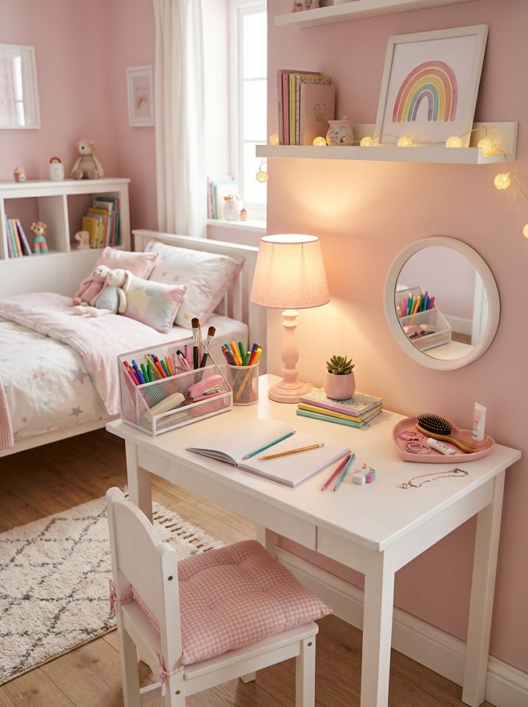 Kids desk doubling as a vanity with small round mirror organized storage bins pink lamp and warm lighting in a small pastel bedroom