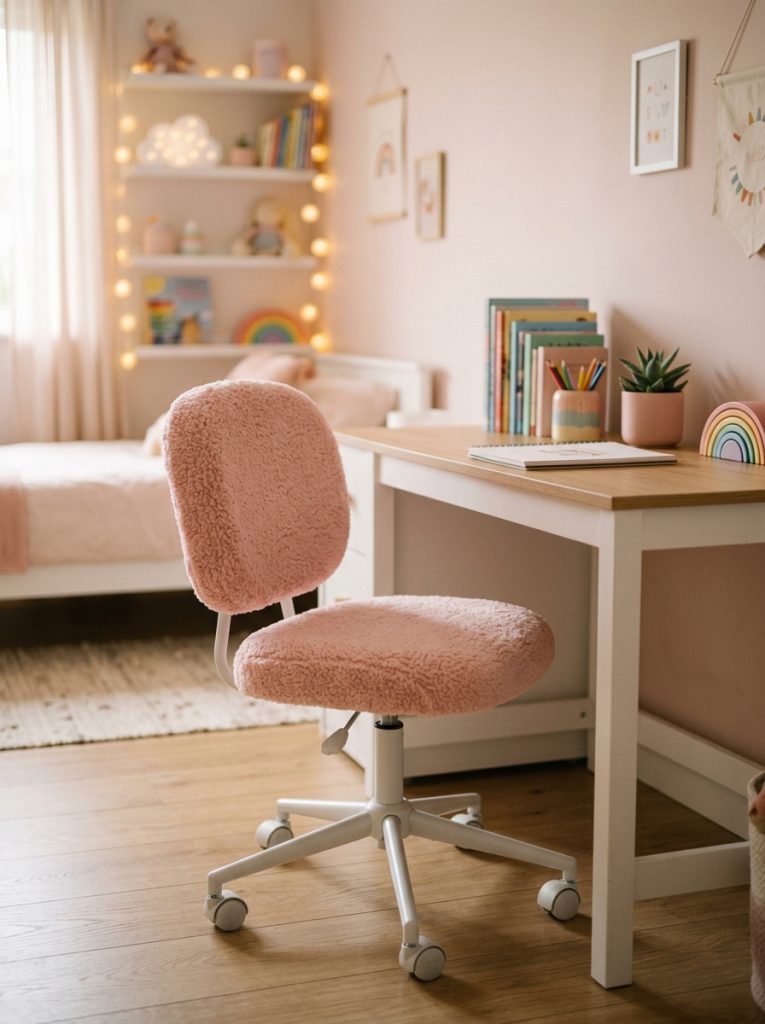 Fluffy comfortable pastel pink kids desk chair on wheels in front of a white organized desk nook in a pastel bedroom