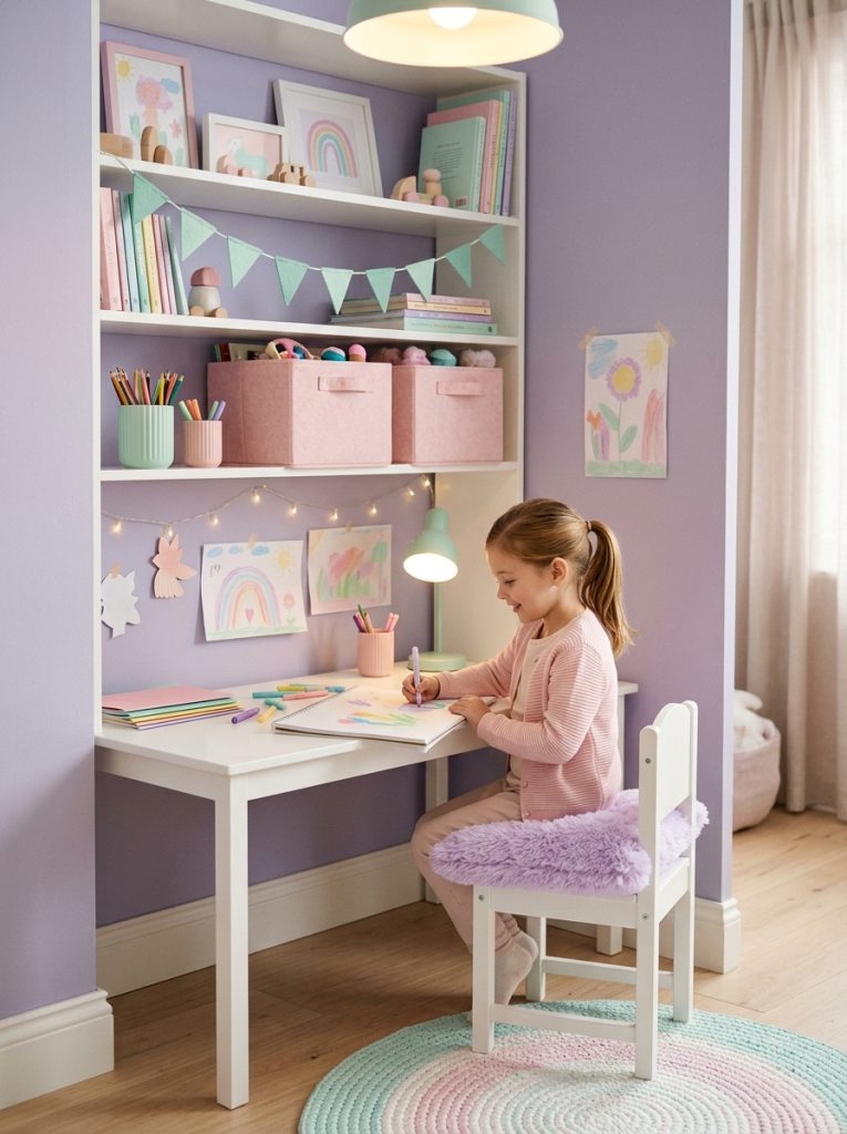Kids desk nook styled in a cohesive soft pastel pink mint and white color palette with matching storage bins lamp and chair