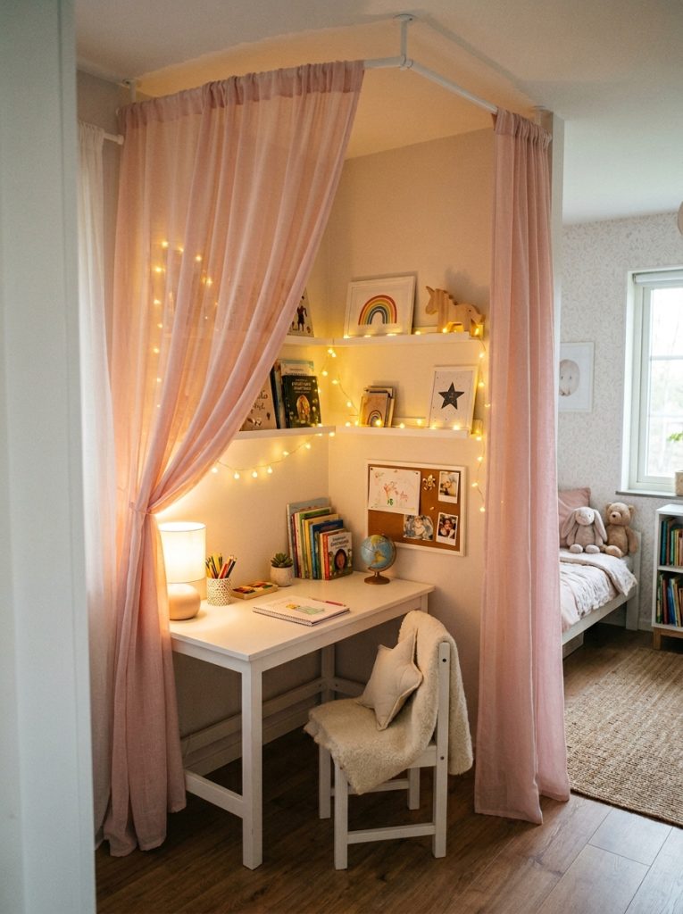 Cozy kids desk nook in a bedroom corner with a soft pastel curtain divider creating a private dedicated organized study space