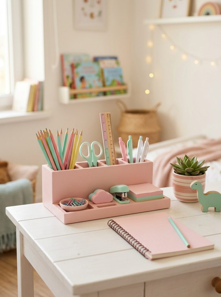 Kids desk with matching pastel organizer set holding school supplies neatly on a clean white desk surface