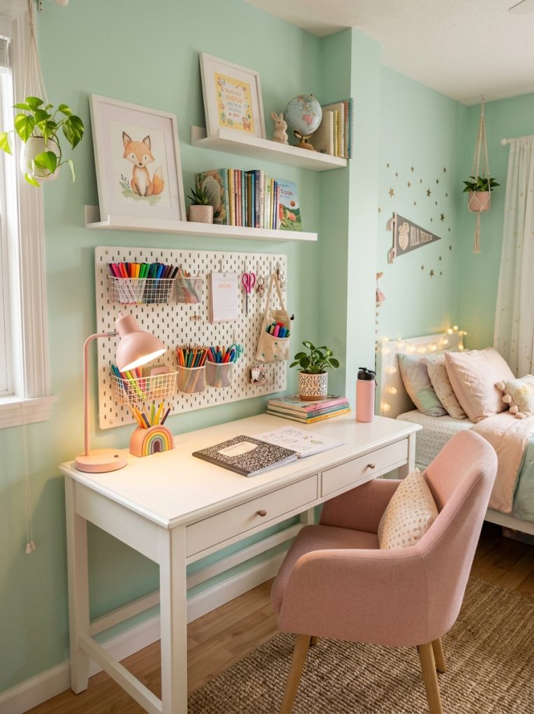 Cozy kids homework station in a bedroom corner with white desk floating shelves warm lamp and organized pastel storage bins