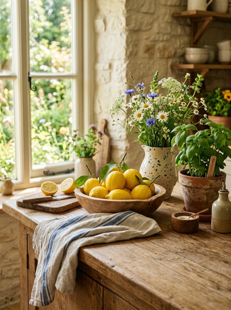 Summer kitchen counter vignette natural wooden bowl bright yellow lemons small potted basil plant striped linen tea towel counter edge ceramic jug wildflowers intentional summery