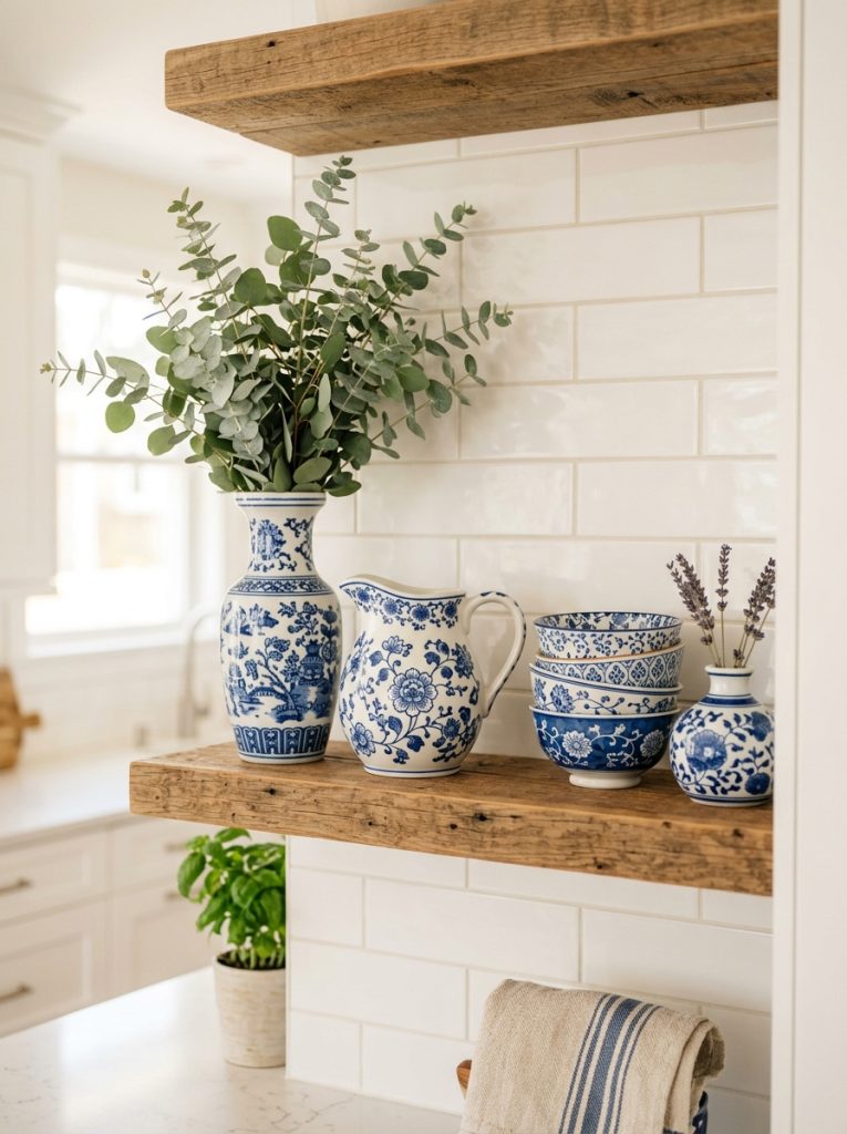 Open kitchen shelf blue and white ceramic pottery large vase small bowls ceramic pitcher eucalyptus stems fresh summery coastal color combination white kitchen backdrop