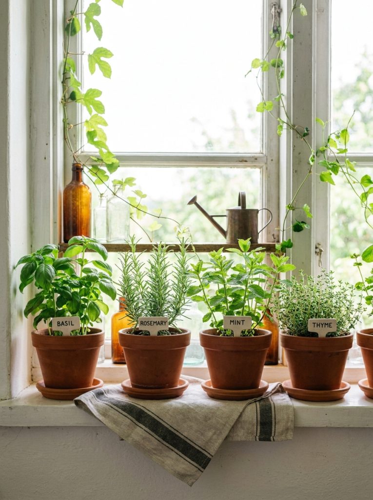 Summer kitchen windowsill herb garden small terracotta pots basil rosemary mint thyme lined up neatly green herbs bright morning window light linen tea towel ceramic plant labels fresh beautiful functional
