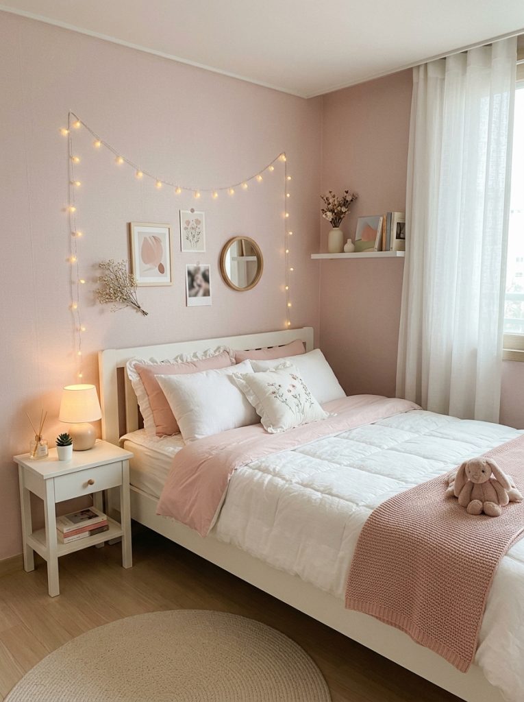 Korean aesthetic pink bedroom soft pink wallpaper clean minimal furniture white bedding subtle pink accents small decorative objects fairy light garland calm orderly quietly beautiful K-style