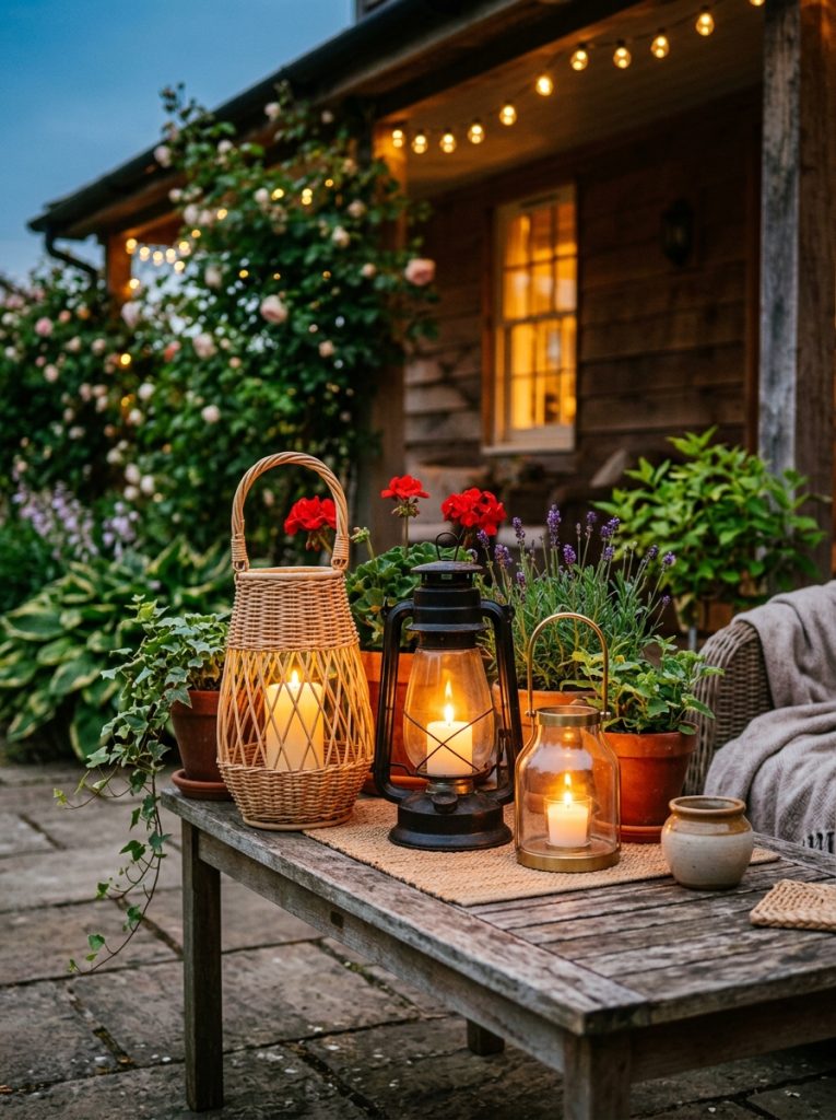 Charming summer outdoor lantern display cluster three lanterns different sizes rattan black metal clear glass real candles glowing potted summer plants candlelight through lanterns evening magical welcoming