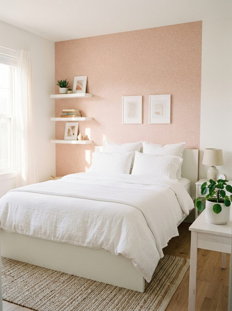 Light pink wallpaper bedroom with crisp white platform bed white nightstands white floating shelves soft pink contrast against white furniture white linen bedding small green plant