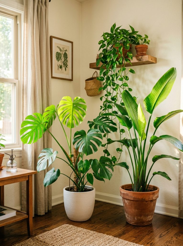Lush summer living room corner tall monstera white pot trailing pothos floating shelf bird of paradise terracotta pot jungle corner effect warm afternoon light tropical leaves glowing green