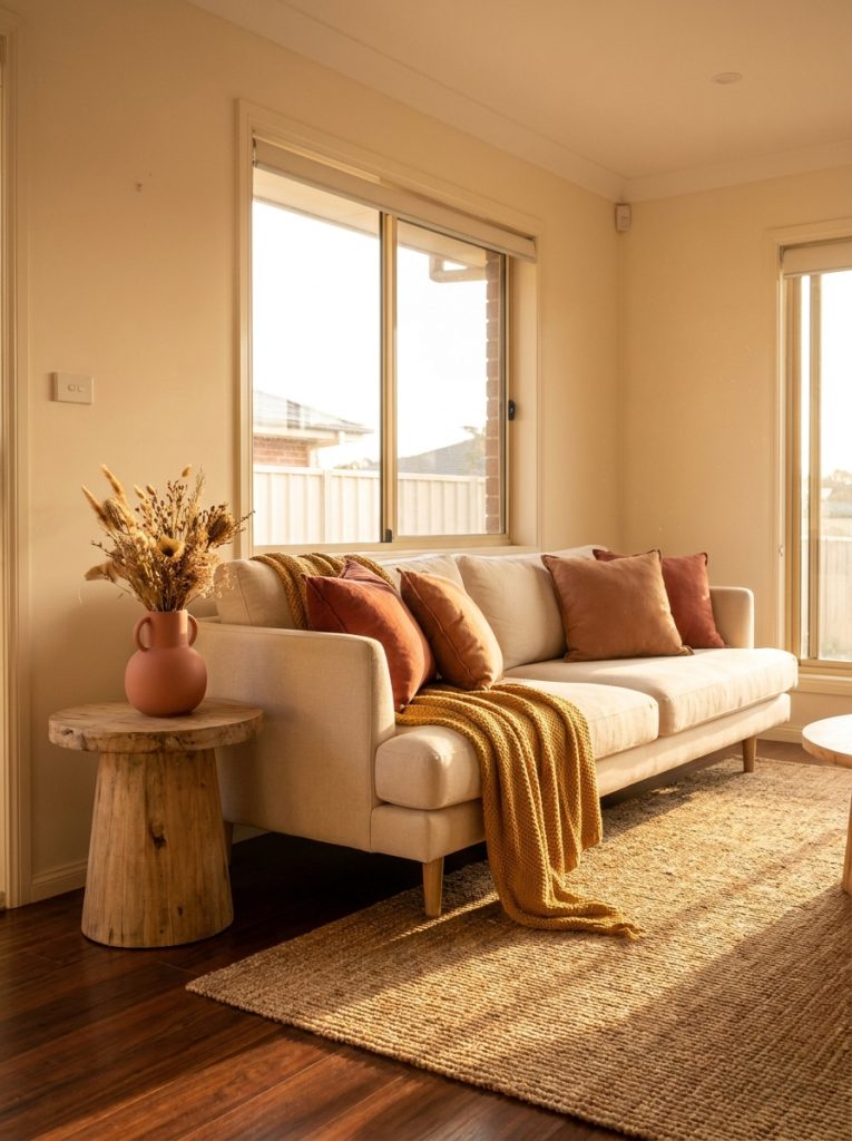 Warm summer living room golden hour color palette terracotta cushions cream walls mustard yellow throw natural wood side table dusty coral vase dried flowers warm golden afternoon light summer sunset glow