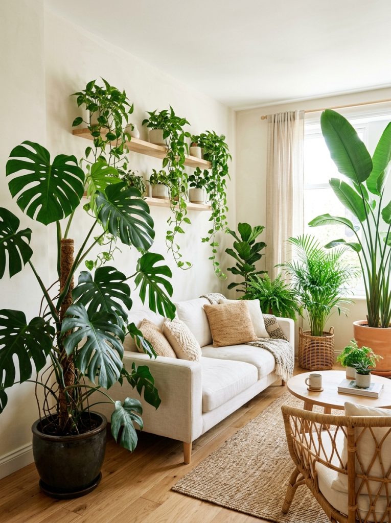 Bold lush tropical summer living room monstera corner bird of paradise another trailing pothos floating shelves small palm window light neutral furniture tropical plants star lush jungle sanctuary