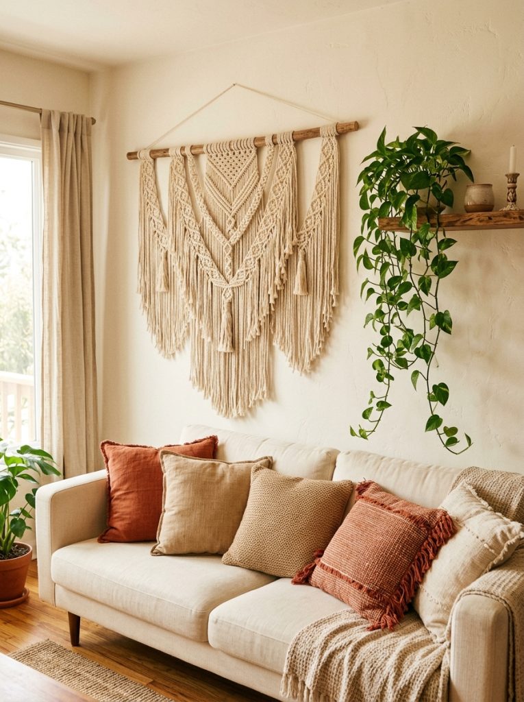 Large macrame wall hanging natural cotton rope above cream sofa terracotta sandy beige cushions trailing pothos plant handcrafted boho summer focal point living room