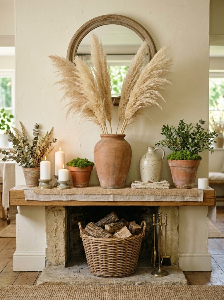 Summer mantel tall terracotta vase dried pampas grass central smaller terracotta pots greenery either side white pillar candles different heights vintage ceramic piece dried botanical layered natural textures summer warmth