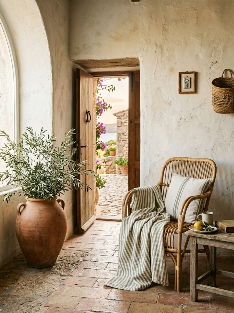 Serene Mediterranean summer interior limewash whitewash walls warm terracotta large clay pot olive branches linen throw warm white sage rattan chair slow-living beautiful old farmhouse coastal feel