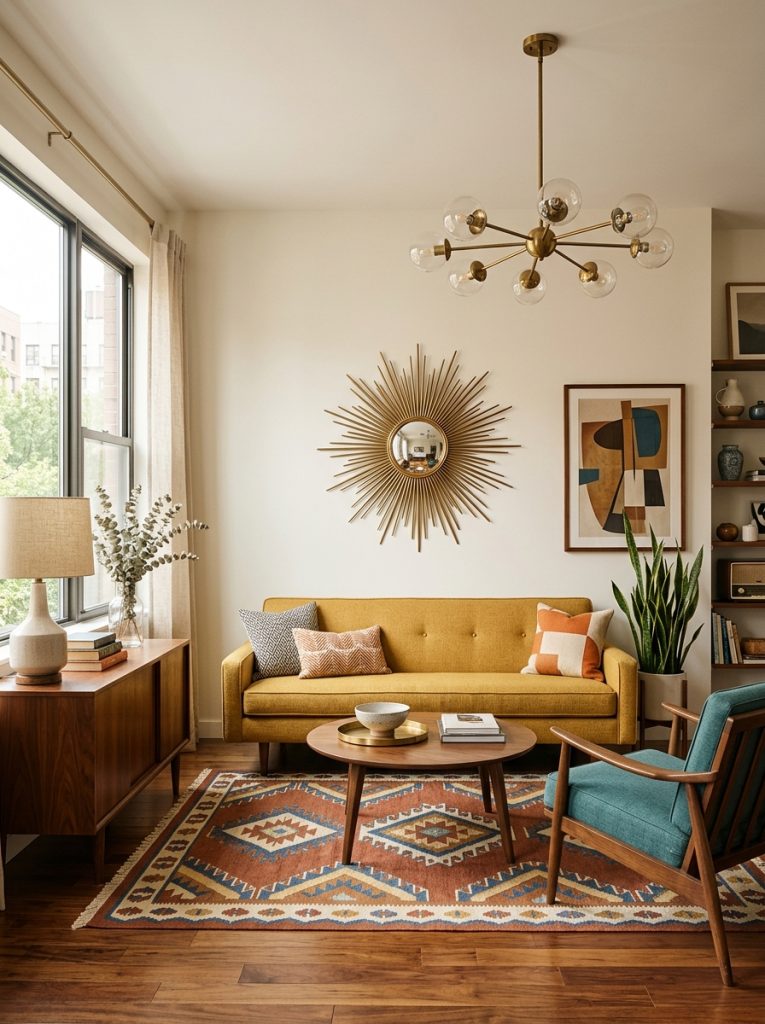 A beautifully styled mid-century modern apartment living room with clean tapered-leg furniture in warm walnut tones a statement sunburst mirror a sleek low-profile sofa in mustard yellow a geometric patterned area rug a single statement pendant light the whole mid-century modern apartment decor looking sophisticated timeless and completely pulled together, warm natural light, no text, vertical portrait format