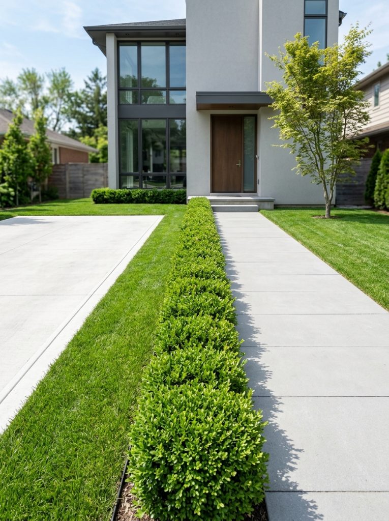 Minimal front yard landscaping with clean boxwood hedge lines simple green lawn and smooth concrete for a modern sophisticated look