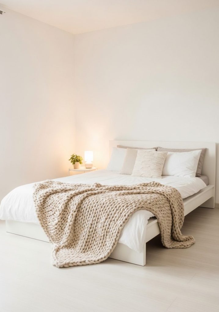 Cozy minimalist white bedroom with clean white walls low simple white bed frame white and cream bedding one chunky knit throw two pillows warm bedside lamp single plant clear floor coziness from texture and light