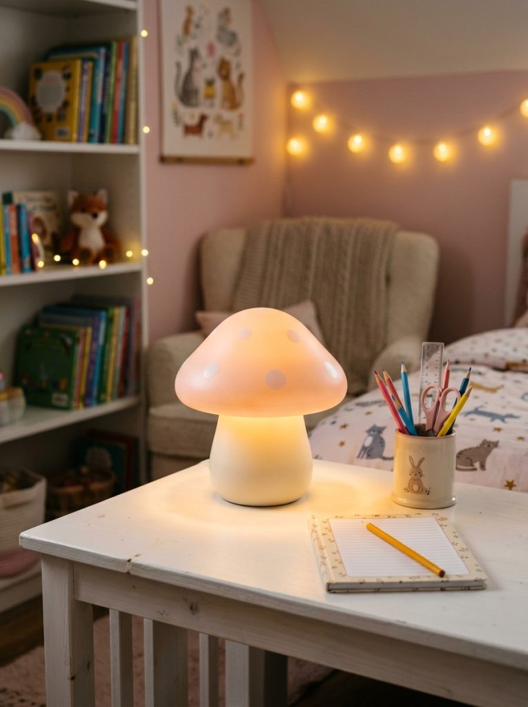 Cute pastel pink desk lamp glowing warmly on a white kids organized desk nook creating a cozy inviting atmosphere