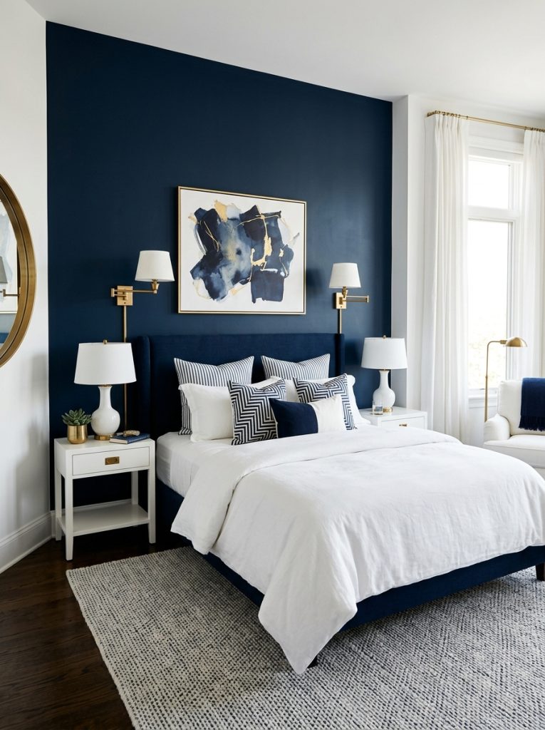 Sophisticated navy blue and white bedroom with deep navy accent wall crisp white linen bedding navy and white pillows white nightstands brass hardware white sheer curtains bold dramatic and sophisticated