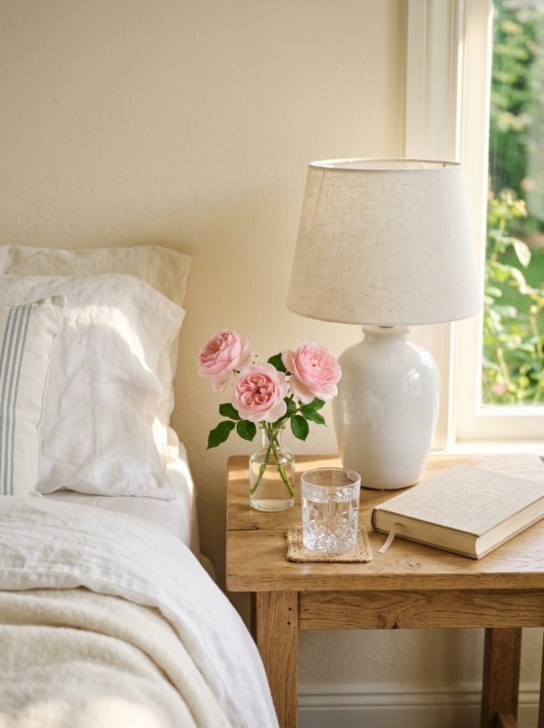 Simple summer nightstand small bud vase three fresh garden roses soft pink white ceramic lamp linen book crystal glass water fresh calm genuinely summery warm morning light