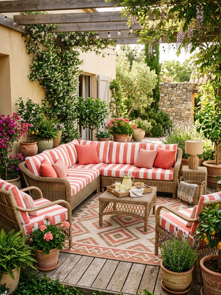 Styled outdoor patio bold striped outdoor cushions coral white rattan furniture outdoor rug potted summer plants surrounding proper outdoor living room summer entertaining
