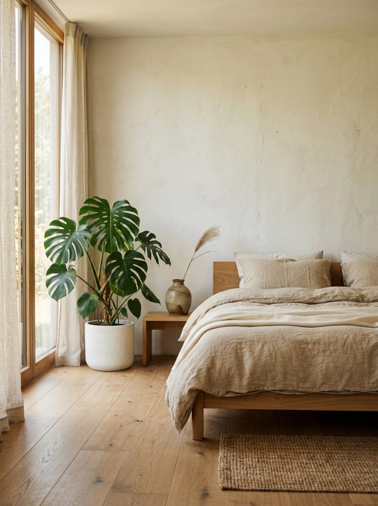 Peaceful Japandi minimalist summer room low natural wood furniture single large tropical plant simple white pot linen warm oatmeal handmade ceramic vase single dried stem nothing unnecessary everything intentional deeply peaceful stunning