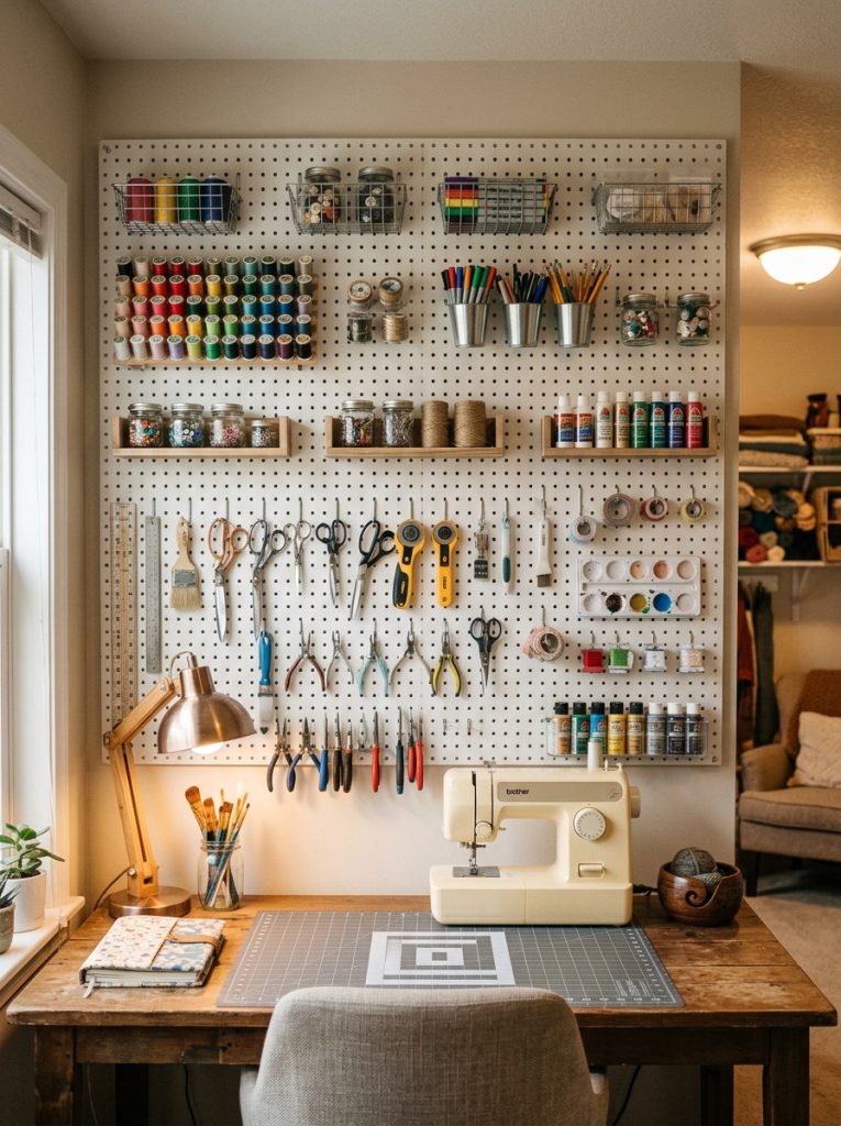 White pegboard wall above craft desk with hooks baskets and shelves holding scissors thread and craft tools neatly organized