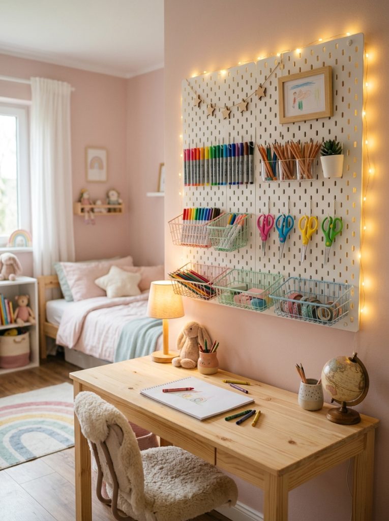 White pegboard wall above kids desk with pastel baskets hooks and colorful pencils organized neatly with warm fairy lights