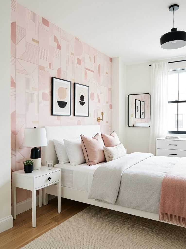 Modern pink accent wall bedroom clean modern pink wallpaper pattern feature wall white furniture black hardware minimal decor pink adding personality to contemporary bedroom