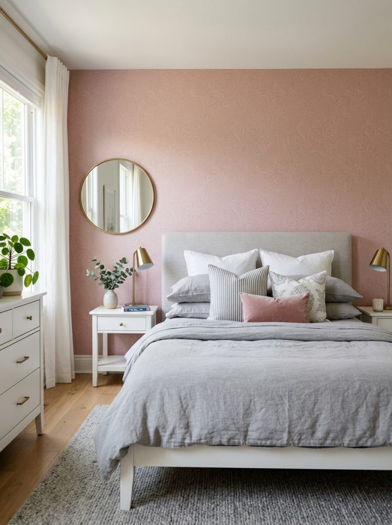 Sophisticated pink accent wall bedroom soft pink wallpaper feature wall grey linen bedding grey white pillows white furniture pink and grey refined grown-up palette soft and modern
