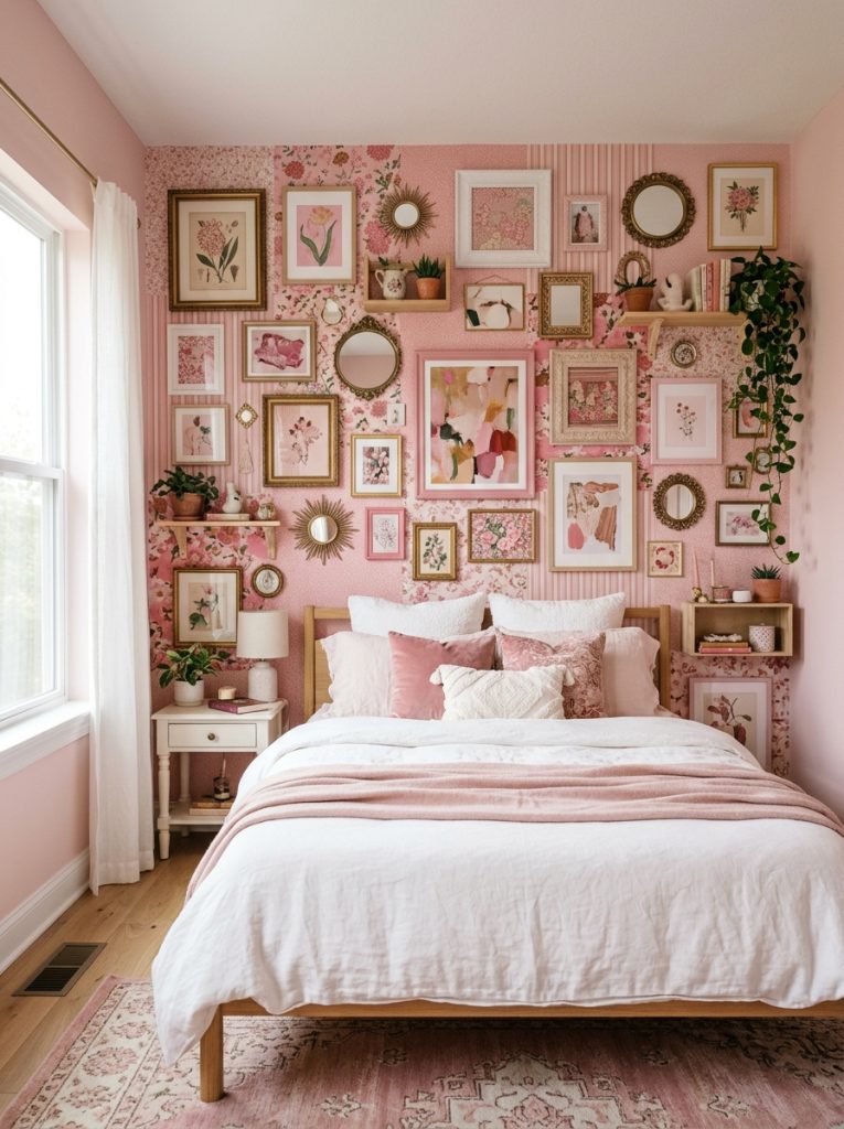 Creative pink bedroom with collage feature wall mixing pink wallpaper panels with framed art mirrors small shelves eclectic personalized focal point white bedding simple furniture