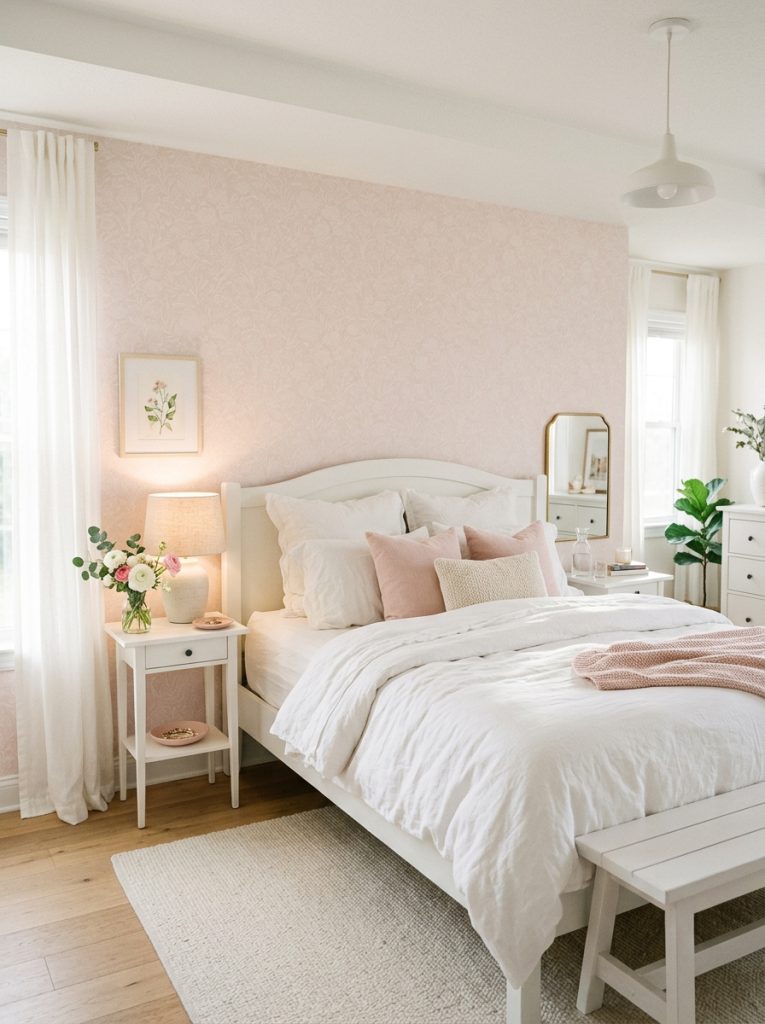  Light pink bedroom with removable peel and stick pink wallpaper behind bed soft barely-there pink tone white linen bedding white furniture fresh airy and feminine