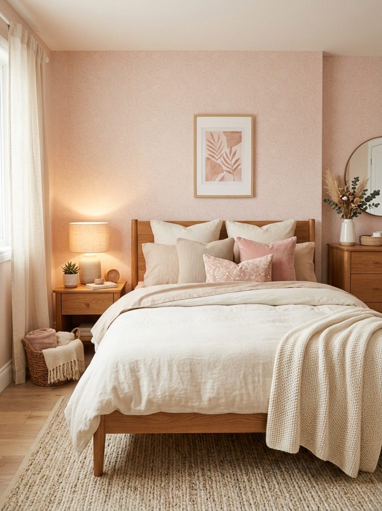 Warm soft pink bedroom light pink wallpaper beige and cream layered bedding cream throw pillows neutral woven rug warm wood furniture pink beige cream same warm undertone harmonious and restful