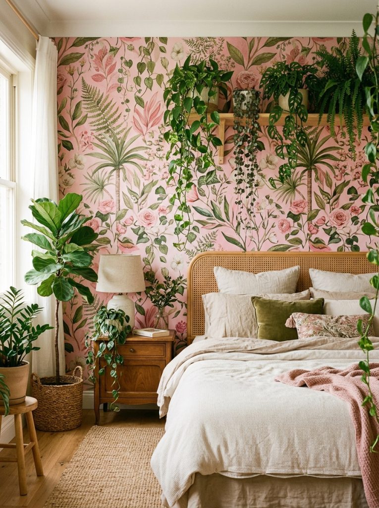 Pink botanical wallpaper bedroom with leaf botanical illustrations pink and green tones feature wall rattan furniture neutral linen bedding trailing plants fresh organic and alive