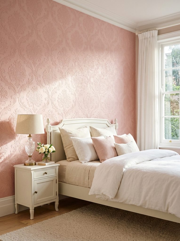 Pink damask wallpaper bedroom elegant tone-on-tone pink damask pattern feature wall white furniture brass lamp neutral bedding raised damask pattern catching light timeless elegance