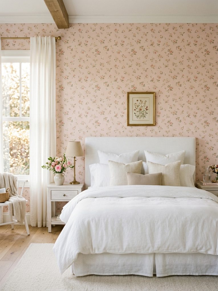Romantic light pink floral wallpaper bedroom with delicate small scale floral pattern white upholstered headboard white linen bedding neutral cream pillows soft garden-like atmosphere