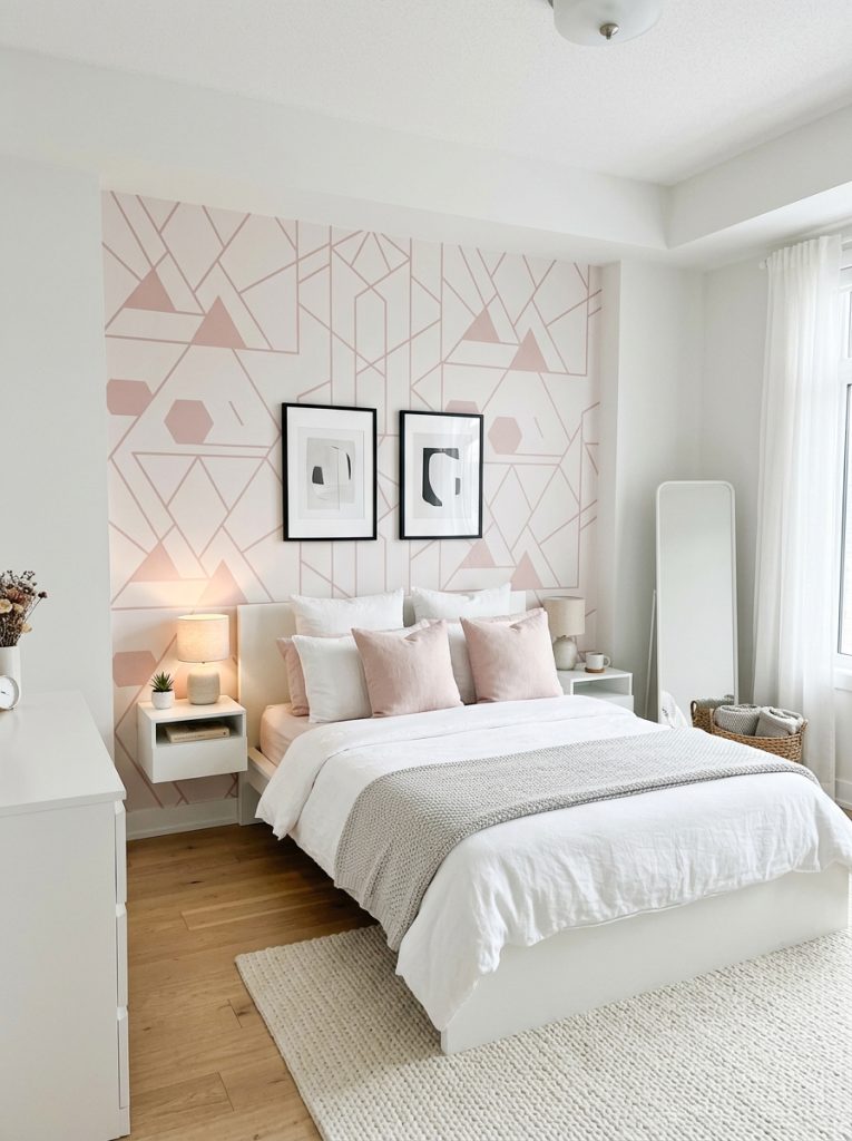 Modern pink geometric wallpaper bedroom clean subtle geometric pattern soft pink accent wall white furniture minimal modern decor geometric shapes adding structure without overwhelming